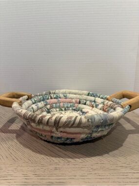 VINTAGE FABRIC WOVEN BASKET 2 WOODEN HANDLES 11”x 3”